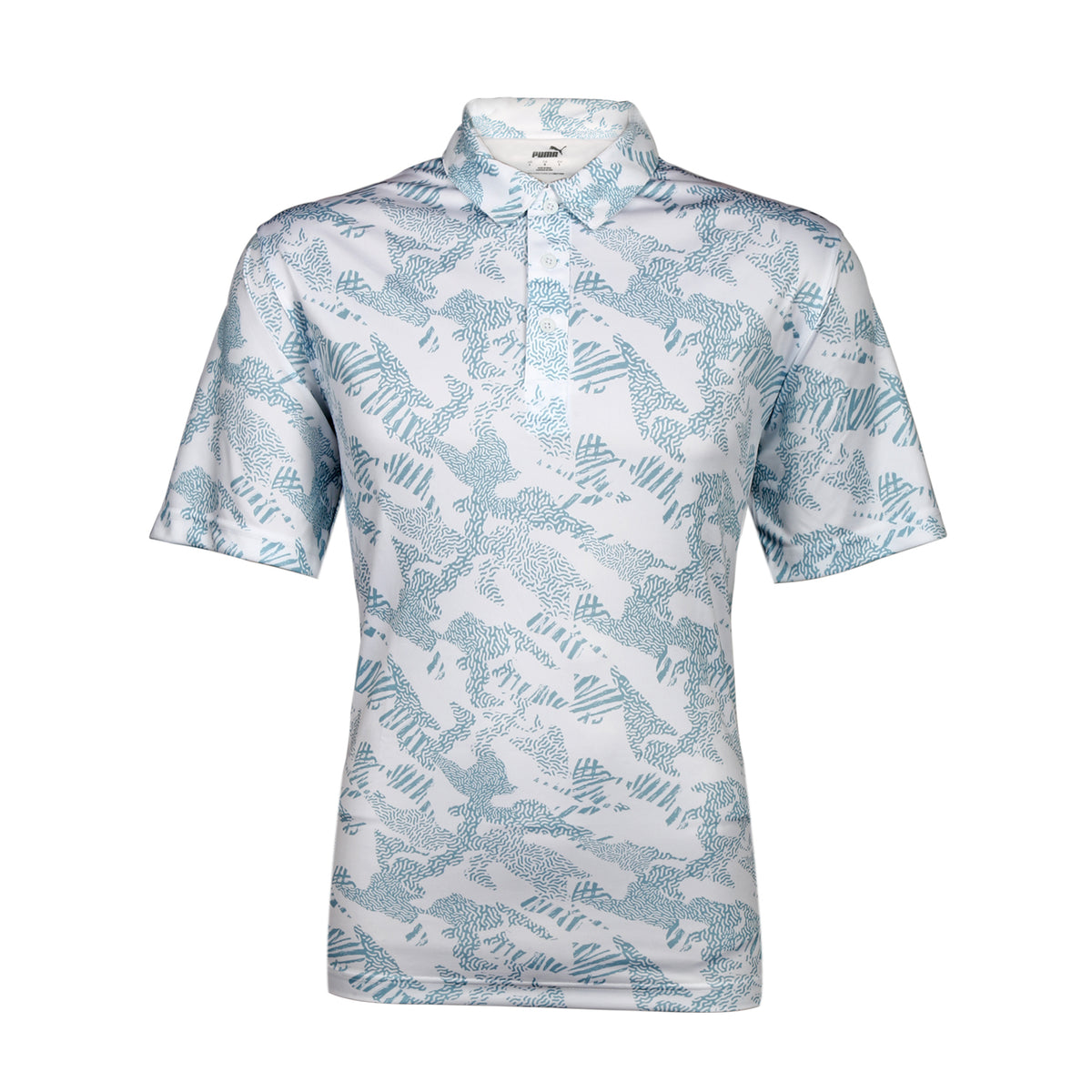 Puma Men’s Zig-Zag Printed Polo T-Shirt - White/Turquoise Surf